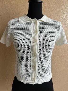 No Comment White Crochet Knit Stretch Button-Up Cardigan Top Size S